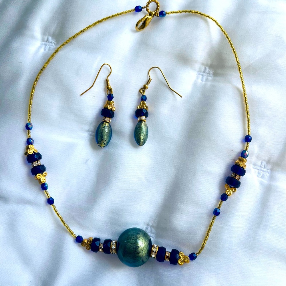 Authentic Vecchia Murano teal, blue and gold necklace/earring set